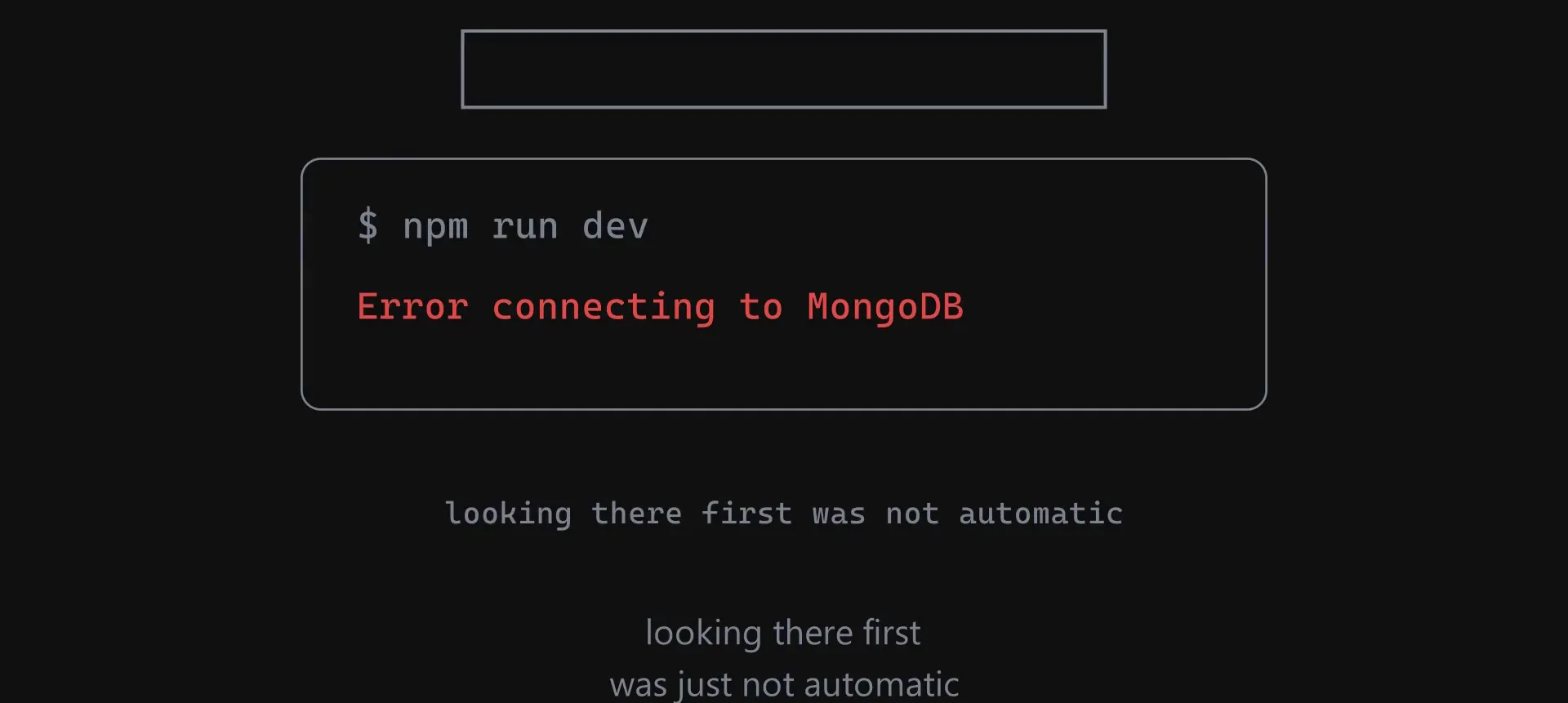 A terminal showing an error connecting to MongoDB, beside the browser that only reported a failed login